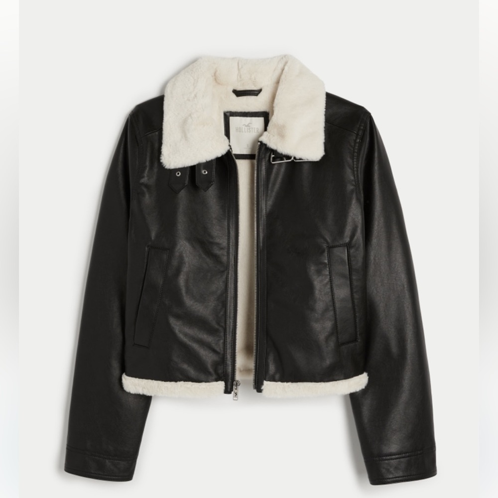 Hollister Faux Fur-Lined Vegan Leather Crop Biker Jacket - size XL